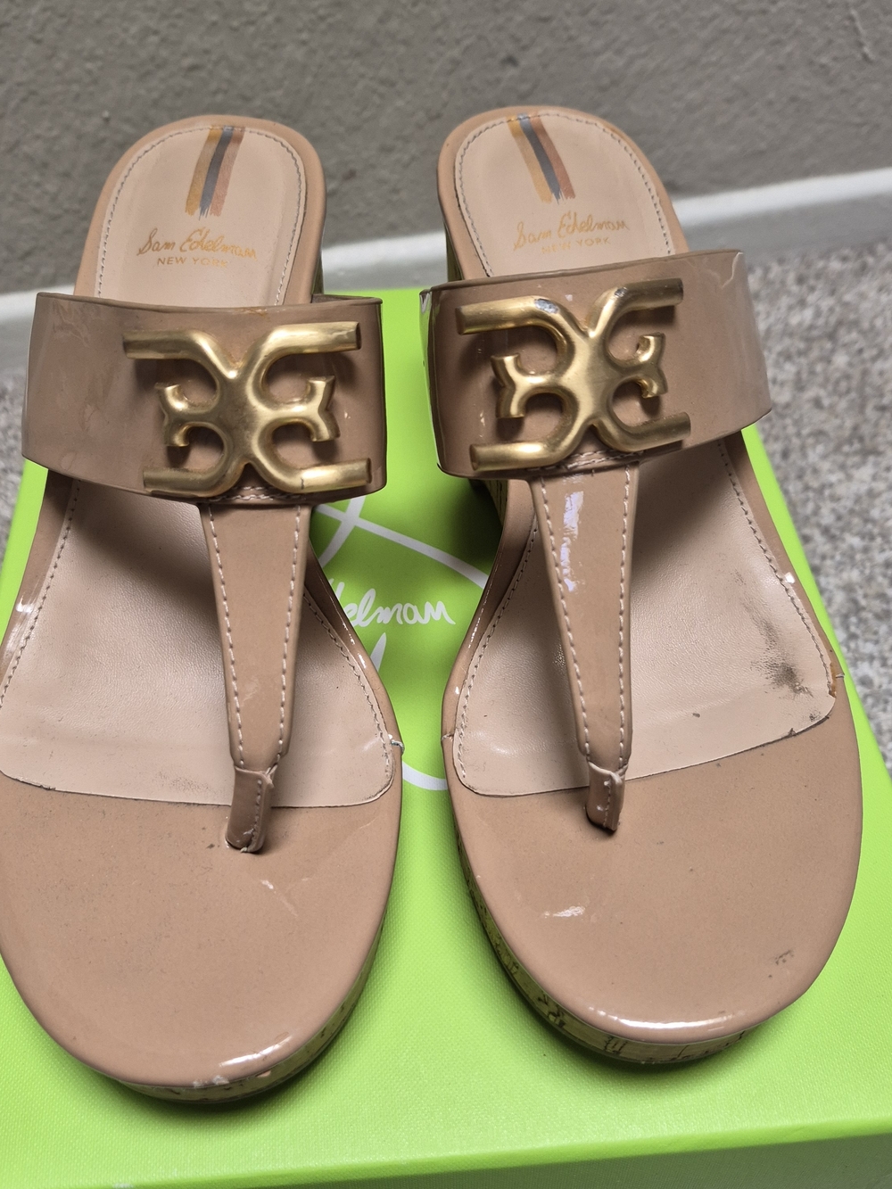 Sam Edelman Nude Patent Thong Sandals with Gold Logo Accent